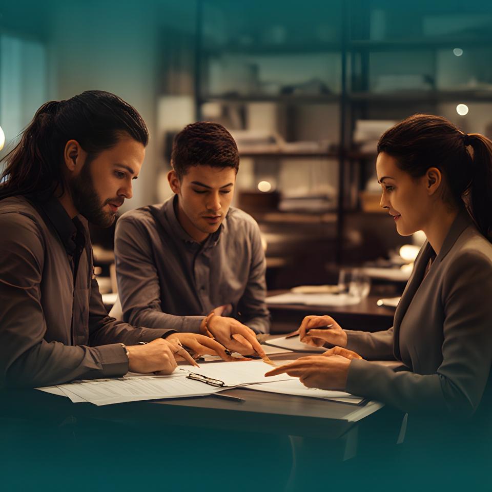 Hospitality team reviewing employment paperwork in a calm restaurant office with warm evening light