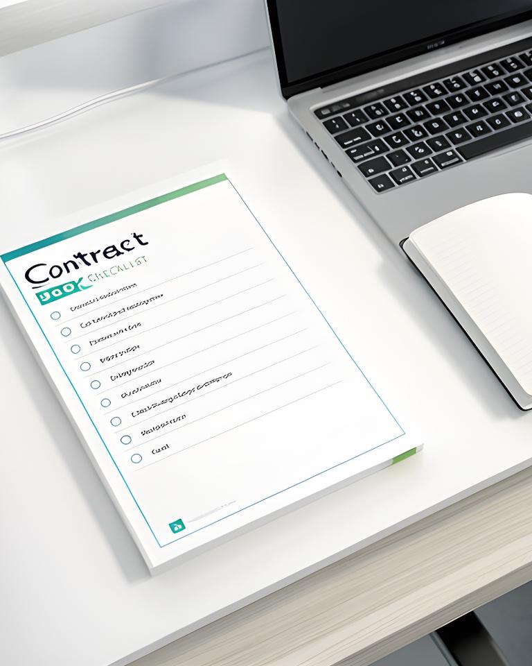 Printed contract checklist booklet on a desk beside a laptop and notebook in a bright office