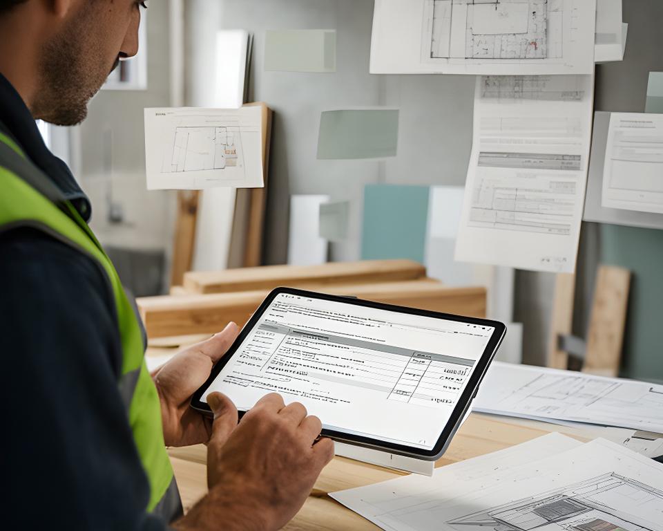 London builder checking supply terms on a tablet in a renovation project office with plans and invoices