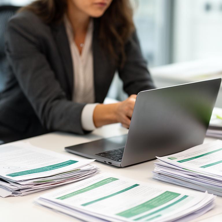 Compliance specialist analysing regulatory notes beside a laptop and printed policy documents in London
